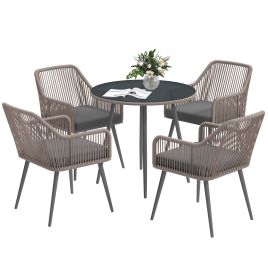 SUNVISTA 4 Seater Rattan Dining Set, Rattan Garden Furniture Set with Parasol Hole, Outdoor Dining Table and Chairs Set with Cushions, Light Brown