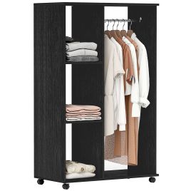 Open Wardrobe with Hanging Rail and Storage Shelves with Wheels - Black