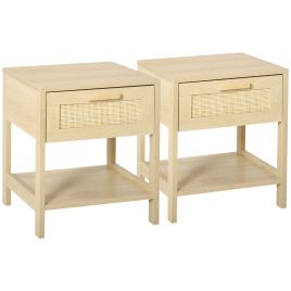 HERON Bedside Table Set of 2 with Rattan Drawer Rustic Side Tables - Natural
