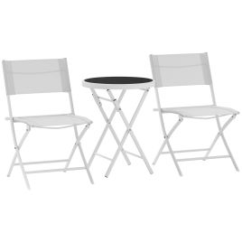 SUNVISTA 3 Pieces Outdoor Bistro Set, Glass Top Outdoor Table and 2 Folding Chairs with Protecting Feet, White