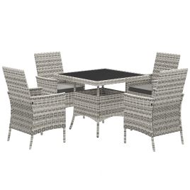 SUNVISTA 4-Seater Rattan Garden Furniture Set, Square Glass Top Dining Table with Cushions & Armchairs, Mixed Grey