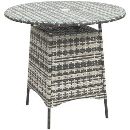 SUNVISTA Wicker Garden Rattan Table, Patio Furniture Outdoor Coffee Table with Umbrella Hole and Tempered Glass Top, Grey
