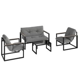 SUNVISTA 4-Piece Garden Furniture Set, Dark Grey Rattan Sofa Set with Cushions & Glass Coffee Table for Balcony