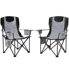 SUNVISTA Set of 2 Padded Folding Camping Chairs with Armrests, Cup Holder, Cooler Bag & Side Pocket, Grey