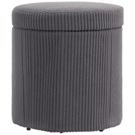 HERON 40cm Round Storage Ottoman, Corduroy Footstool with Removable Lid and Legs, Vanity Stool for Living Room, Bedroom, Grey