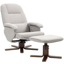 HERON Linen Swivel Recliner Chair with Footstool, Upholstered Reclining Armchair with Wooden Base for Living Room, Light Grey