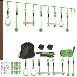 AIVAGO 3 Piece Kids Zip Line Kit for Garden, 10m Kids Slackline Kit with Wooden Monkey Bars, Metal Rings, Gripping Balls, Green