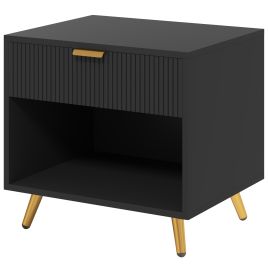 HERON Elegant Bedside Table, with Drawer and Shelf - Black/Gold Tone