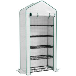 5 Tier Widened Mini Greenhouse w/ Reinforced PE Cover, Portable Green House w/ Roll-up Door & Wire Shelves, 193H x 90W x 49Dcm, White