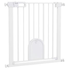 75-82cm Pet Safety Gate with Double Locking, Pressure Fit Stair with Cat Flat for Doorways, Hallways, White