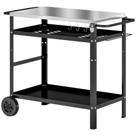 SUNVISTA BBQ Trolley with Stainless Steel Top, Adjustable Shelf, Hooks, Towel Rack, Outdoor Grill Cart, Black