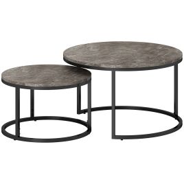Industrial Nesting Coffee Table Set of 2, Round Coffee Tables, Living Room Table with Faux Marbled Top and Steel Frame