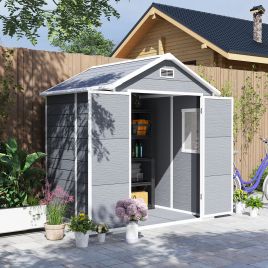 SUNVISTA 6 x 5ft Garden Shed, Plastic Shed with Floor, Window, Lockable Doors and Vents, Wood Effect Resin Tool Shed for Outdoor Patio, Dark Grey