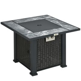 Outdoor PE Rattan Gas Fire Pit Table, Patio Square Propane Heater with Marble Desktop, Rain Cover, Glass Windscreen, and Glass Stones Black