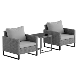 SUNVISTA 3-Piece Rattan Bistro Set with 4 Cushions, Glass Coffee Table & Wicker Chairs, Patio Furniture, Grey
