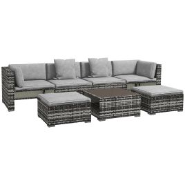 7-Piece Rattan Patio Furniture Set with Sofa, Footstools, Coffee Table, Side Shelves, Cushions, Pillows, Mixed Grey