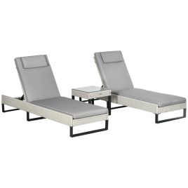 Jones 3-Piece Rattan Sun Lounger Set with Cushions and Table - Light Grey