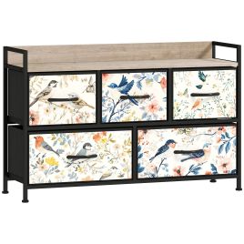 DWELVA Multi Colour Chest of Drawers - Medium-sized, 5 Drawers, Fabric Drawers - Bird Print