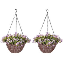 HERON Artificial Flowers in Basket Set of 2 Hanging Baskets 75 Leaves - Purple