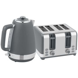 HERON 1.7L 3000W Stainless Steel Kettle & 4-Slice Toaster Set with Strix Thermostat - Grey/Silver