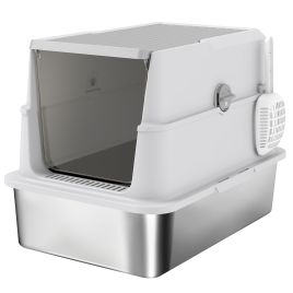 PAWSTER Extra Large Stainless Steel Cat Litter Tray with Scoop, Flip Top - Light Grey