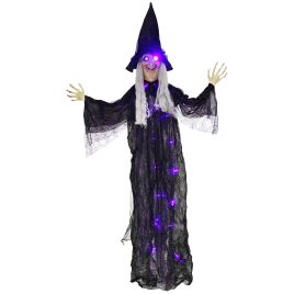 Life Size Animated Hanging Witch Steel LED Eyes Halloween Decoration - Black