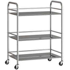 DUNVER 3 Tier Kitchen Storage Trolley Stainless Steel Adjustable Shelves - Silver