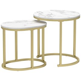 KAVRIC Nest of 2 Side Tables Wooden Marble Effect Gold Tone Frame - White