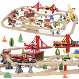 ARYSTELL 133-Piece Wooden Train Set with Crane for Kids and storage Box - Multicolour