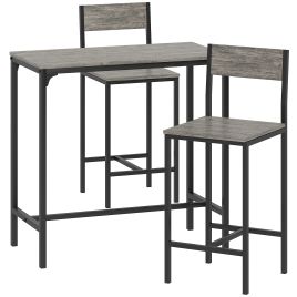 VORNELL Rectangular 3 Piece Bar Table with 2 Stools, Footrest and Backrest - Grey
