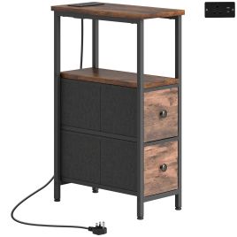 ZEFFTON Narrow Bedside Table with Charging Station - Rustic Brown