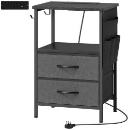 YARDWELL Bedside Table with Charging Station - Black