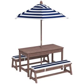 Zenia Navy Blue Fir Wood Camping Table and Bench Set with Parasol - 44cm