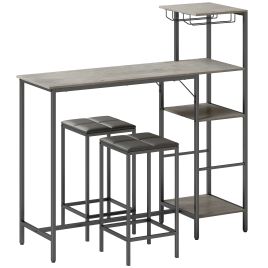 Oakbury Washed Grey Metal Bar Table with 2 Stools Set - 122cm