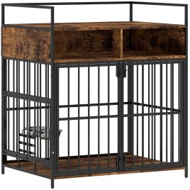 Solora Rustic Brown Dog Cage with Rotatable Feeding Station - 80cm