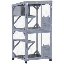 Doria Dark Grey Fir Wood Outdoor Cat Cage 3 Jumping Platforms - 75.5cm