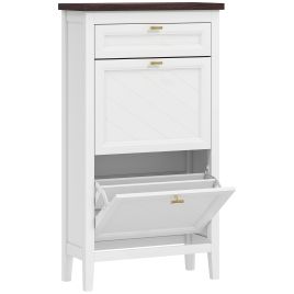 Chevale White MDF Shoe Cabinet with 2 Flip Drawers - Tall Cabinet - 60cm