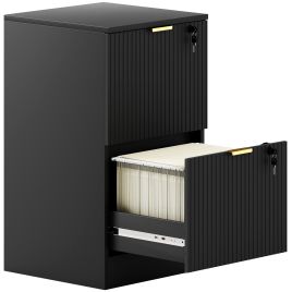 WEXLYNE Fluted Vertical Filing Cabinet with 2 Lockable Drawers and Hanging Rails - Black