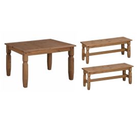 Corona Solid Pine Dining Table 5FT & Bench Set 2 x 4FT - Antique Wax