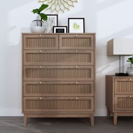 Oak Finish Rattan Chest of Drawers - BATON Medium Chest 6 Drawers