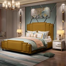 Elixa Plush Velvet Fabric Bed, Mustard Colour - 5 Sizes