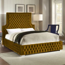 Yanis Plush Velvet Fabric Bed, Mustard Colour - 5 Sizes