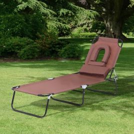 Foldable Reclining Adjustable Sun Lounger with Pillow and Reading Hole - Brown