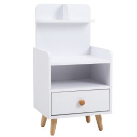 Wooden 1-Drawer Bedside Table Nightstand with a Shelf and Wooden Legs, White
