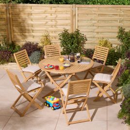 OXRYN Garden 6 Seater Round Table and Chair Set - Oak Finish