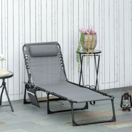 5 Position Adjustable Backrest Foldable Portable Reclining Sun Lounger with Pillow - Grey
