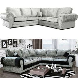 Crushed Velvet 5 Seater Large Corner Sofa - Silver or Black and Silver