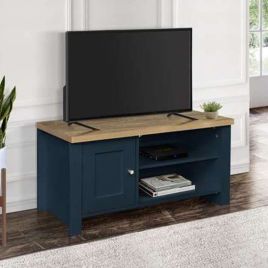 Modern Design Oak Top Single Door Corner Small Tv Table - Navy Blue