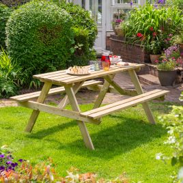 FENSWICK Garden Picnic Table and Bench Set, 150cm - Oak Finish