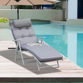 Steel Frame Foldable Design Padded Sun Lounger with Pillow - Grey